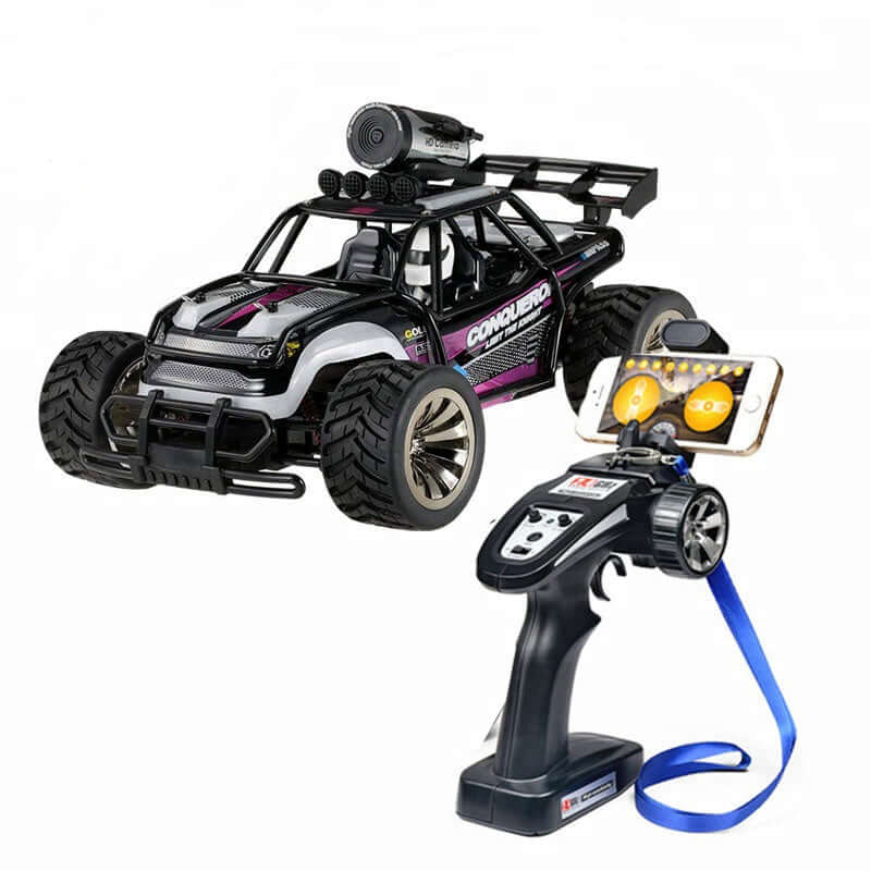 Speed Pro BG1516 High-Speed RC Car with WiFi Camera and remote control, showcasing its rugged design and smartphone compatibility.