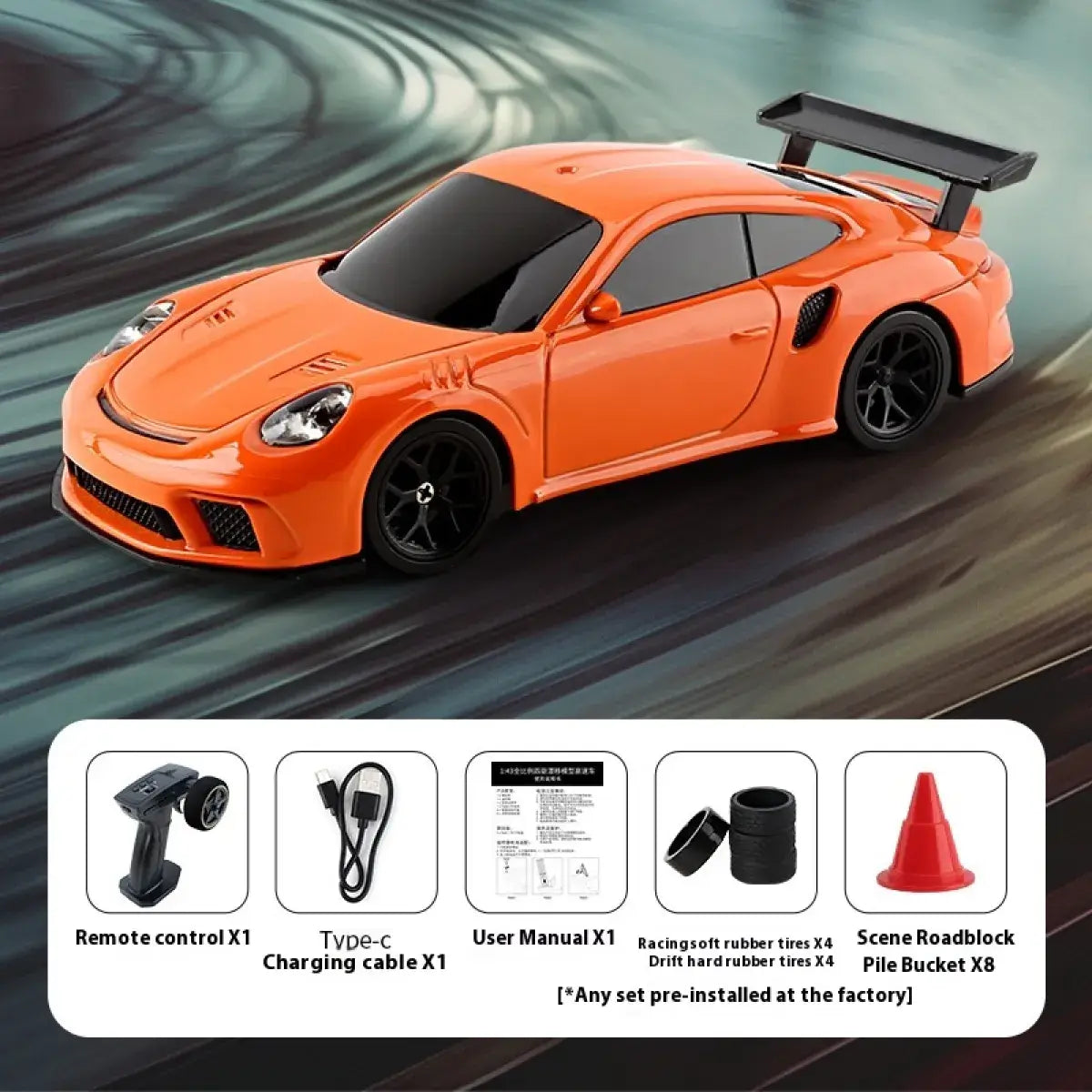 Mini RC Four-Wheel Drift Car in vibrant orange color with sleek design and accessories for racing fun.