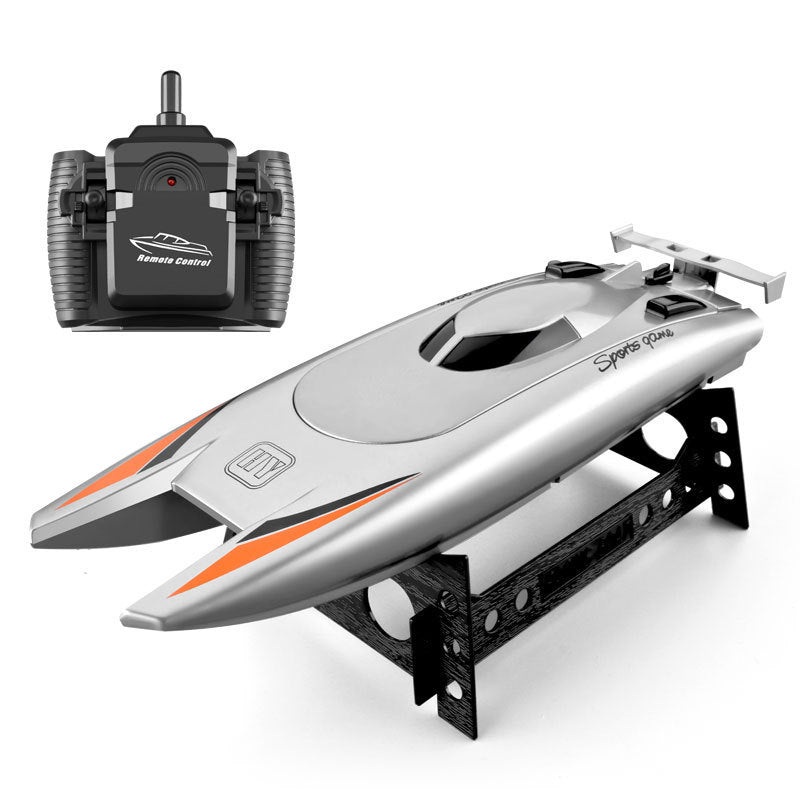 Dual Motor Remote Control Racing Boat for Kids with sleek design and remote controller.