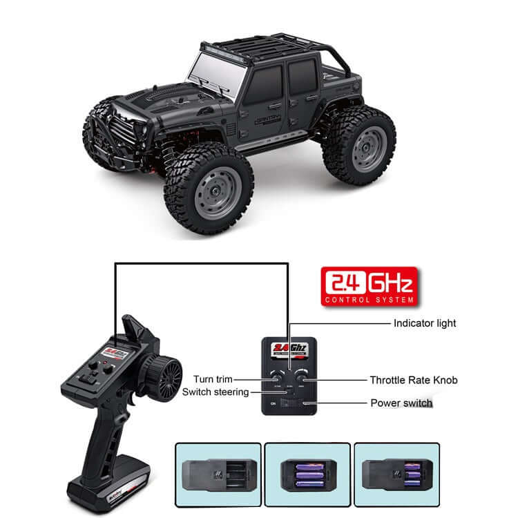 High Speed Remote Control RC Car 1:16 with remote control system and detailed features including throttle rate knob.