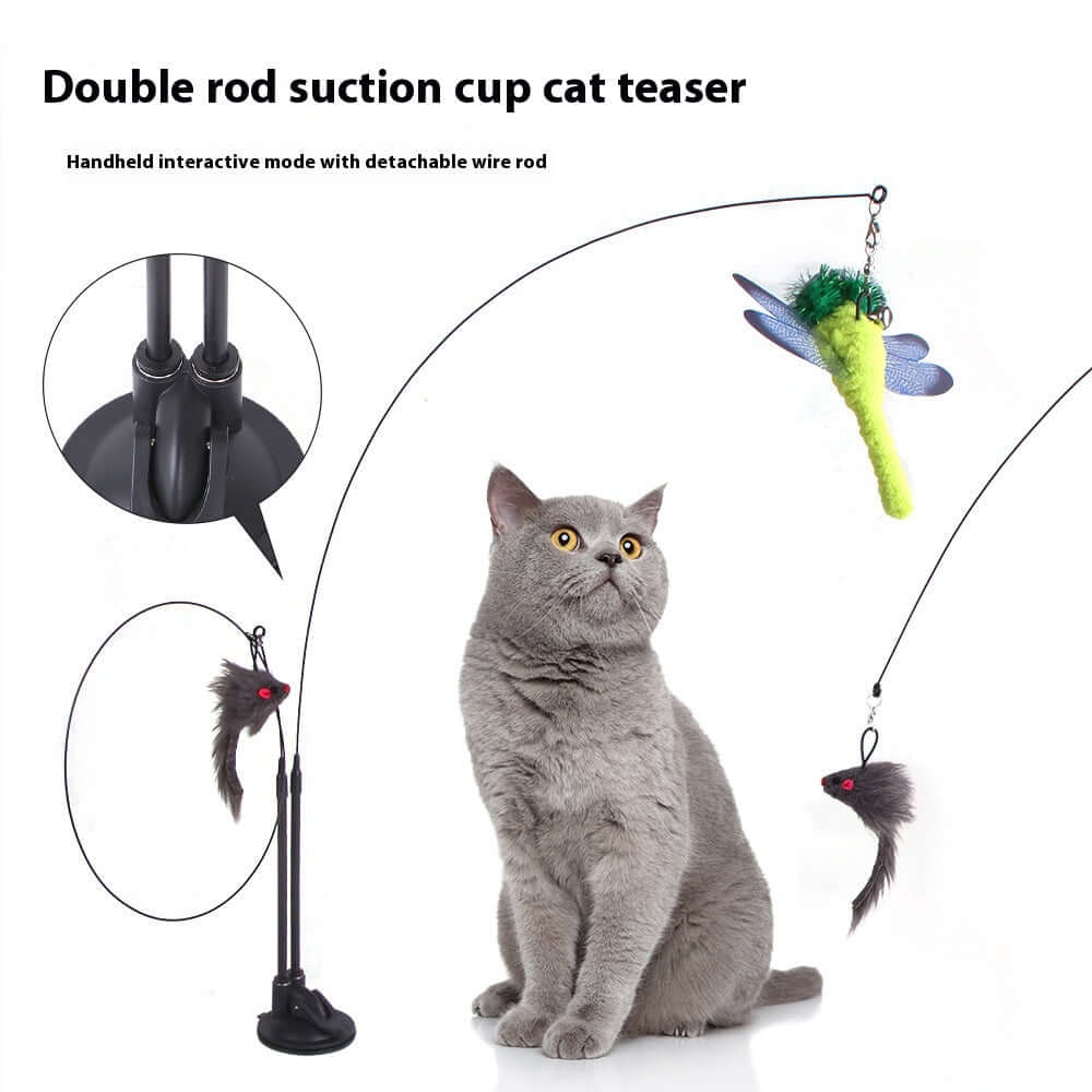 Cat Sucker Teaser Toy with double rod suction cup and colorful attachments for interactive cat play