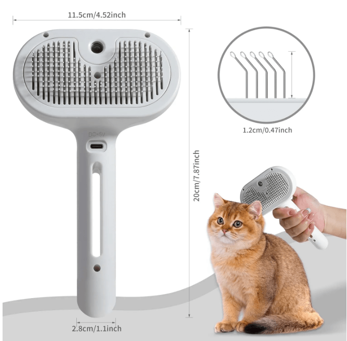 Pet Hair Spray Brush with built-in water tank for easy grooming, designed for dogs and cats to remove shedding hair.