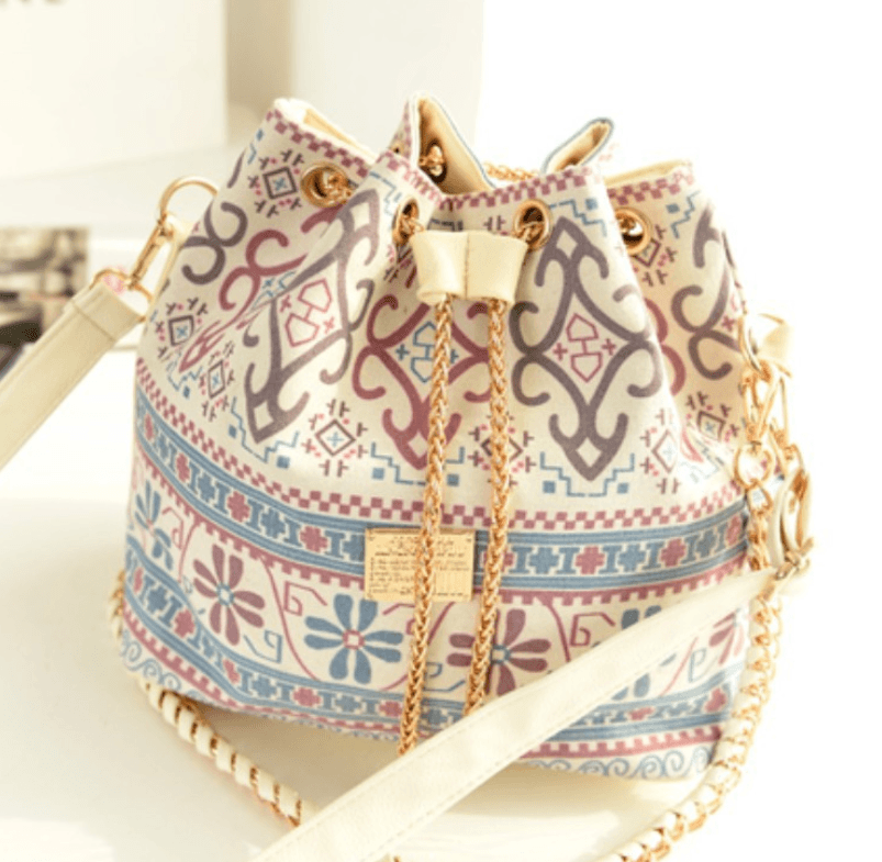 Canvas Bag, Ethnic Style Chain Bag, Bucket Bag with unique ethnic patterns and convenient pull tape closure.