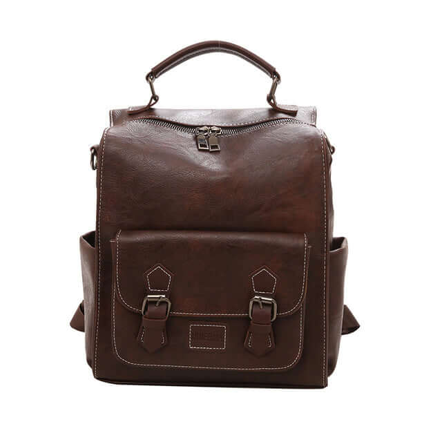 Trendy Vintage PU Leather Women's Backpack for Travel in brown color with unique design and stylish accents.