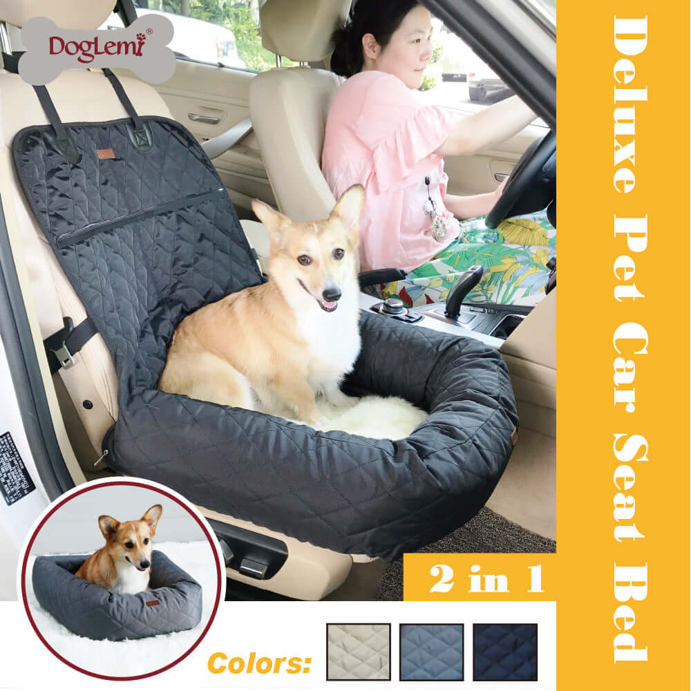 New Multifunctional Pet Car Bed with Thick Cushion in a car featuring a dog comfortably resting.