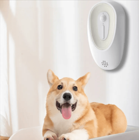 Pet Odor Eliminator for Litter Boxes with a happy dog relaxing near a sleek deodorizer in a bright space.