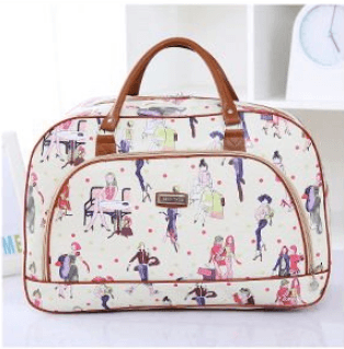 Multifunctional Storage Bag, Travel Bag, Tote Bag with stylish illustrations and brown handles.