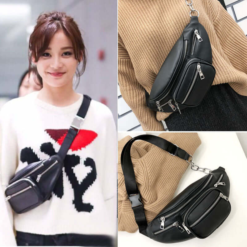 Waist Bag, Shoulder Bag, Crossbody Phone Bag in stylish black design with multiple zip pockets.