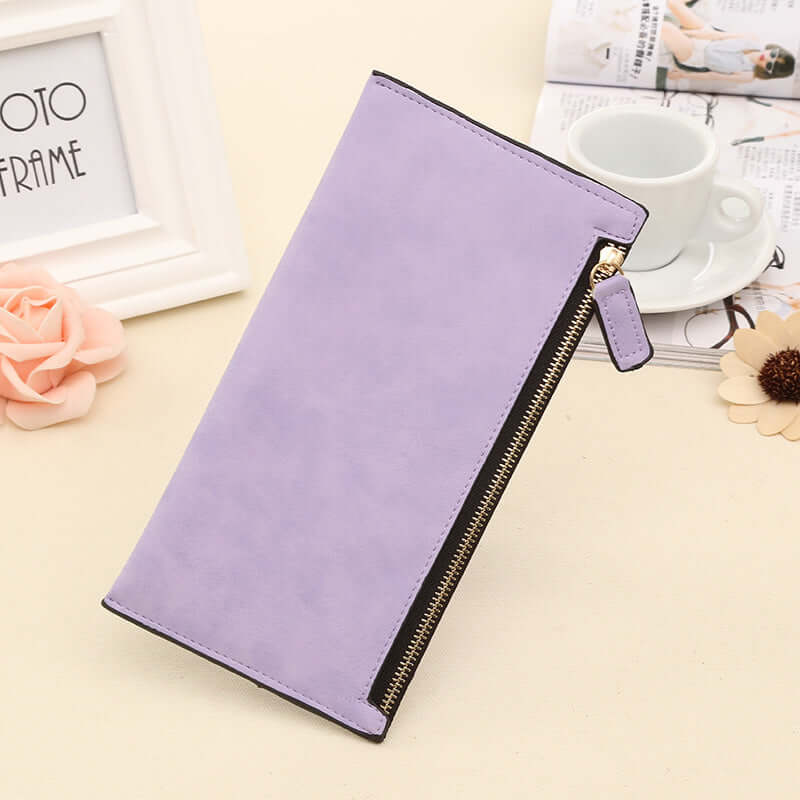Personalized Long Wallet for Women in soft purple PU leather with a stylish zipper.