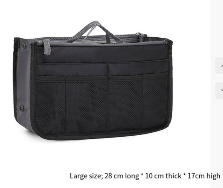 Storage Bag, Inner Bag, Makeup Bag, Organizer Bag in black with mesh pockets and compact size.