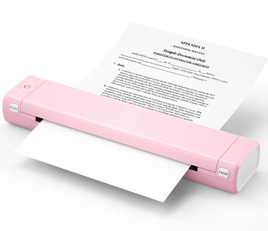Portable pink Wireless Thermal Printer printing documents on-the-go with inkless technology.