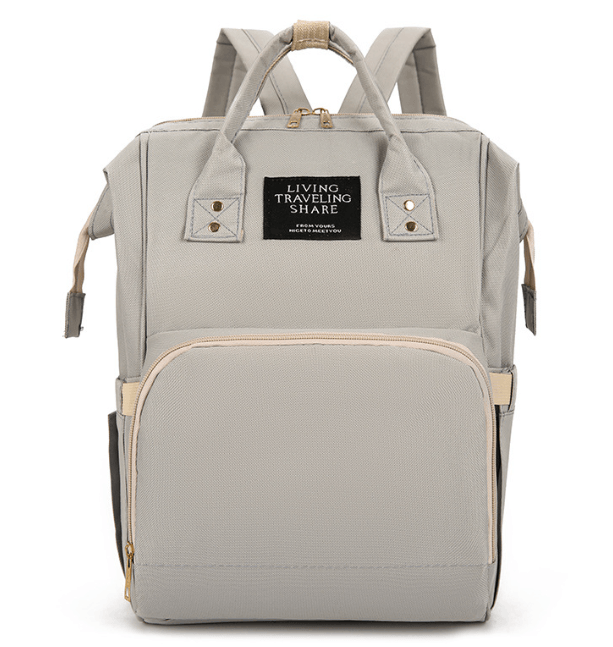 Stylish gray maternity backpack for moms with multiple compartments and durable design.