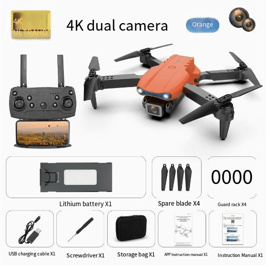 E99 4K camera drone with remote control, dual camera features, and included accessories in orange color.