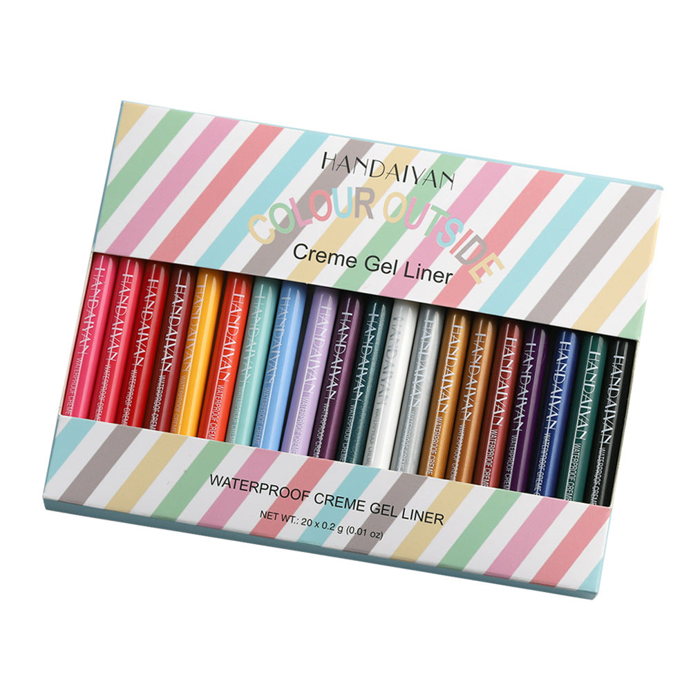 20-piece waterproof colored eyeliner set displayed in colorful packaging.