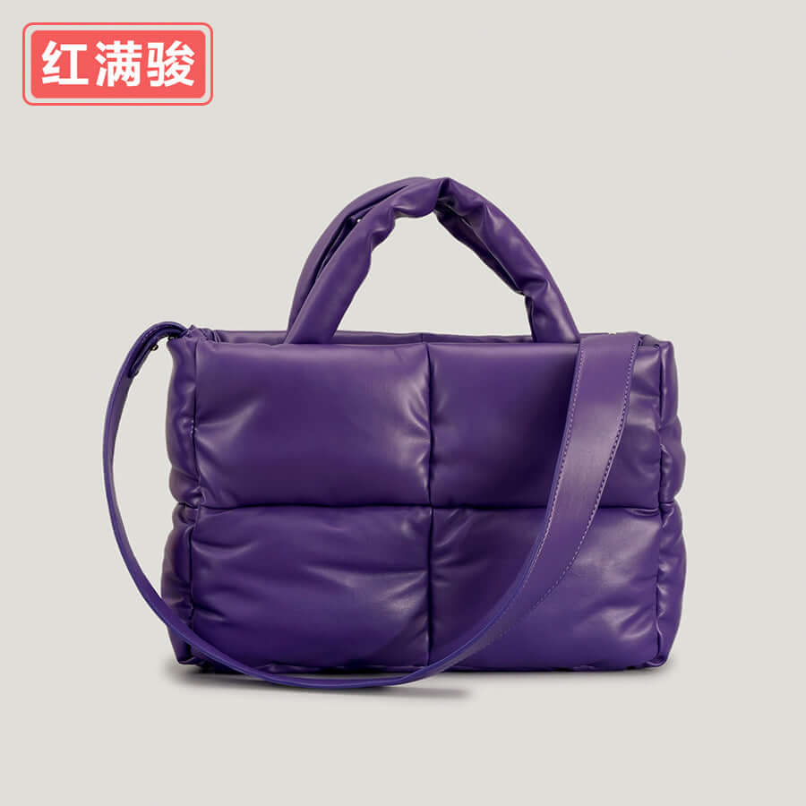 Women's Quilted Square Tote Bag for Autumn/Winter in purple with a stylish puffy design.