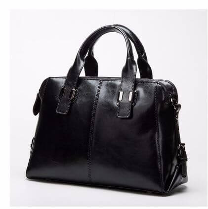 Fashionable Women's Leather Motorcycle Shoulder Bag in sleek black leather with dual handles.