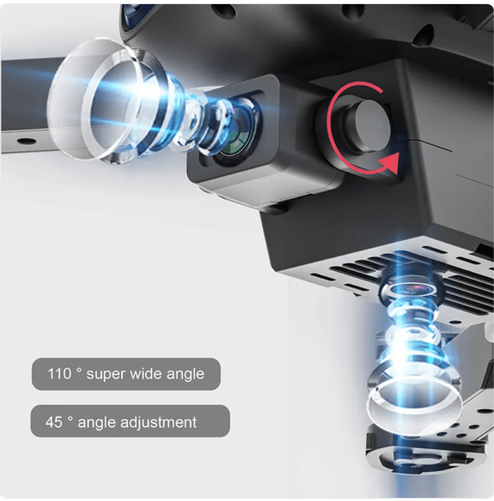 E99 Folding 4K Camera Drone with Remote Control showing super wide angle lens and angle adjustment feature
