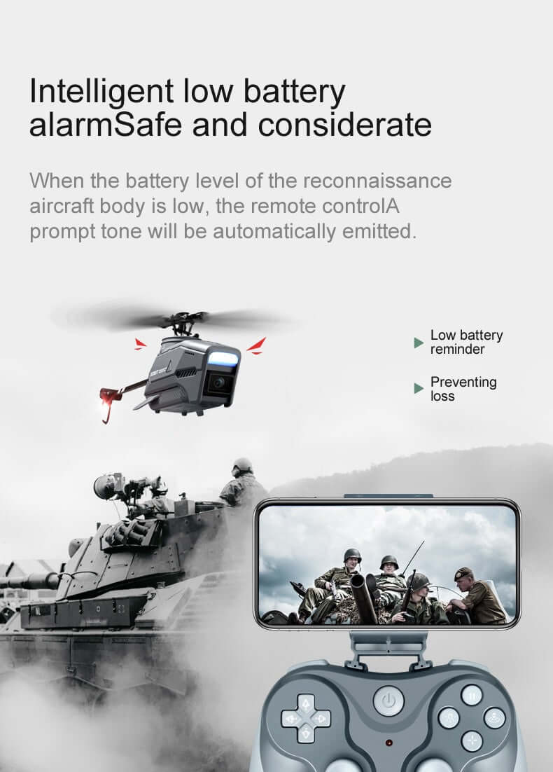 Remote Control Reconnaissance 8K UAV with low battery alarm and control interface for safe operations.