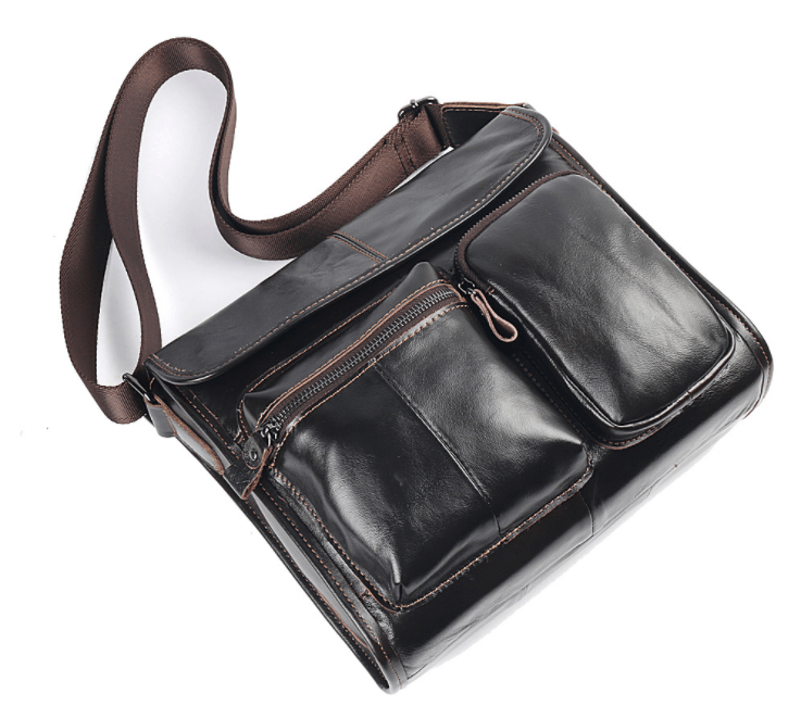 Leather shoulder bag for men, stylish crossbody messenger bag with multiple pockets.