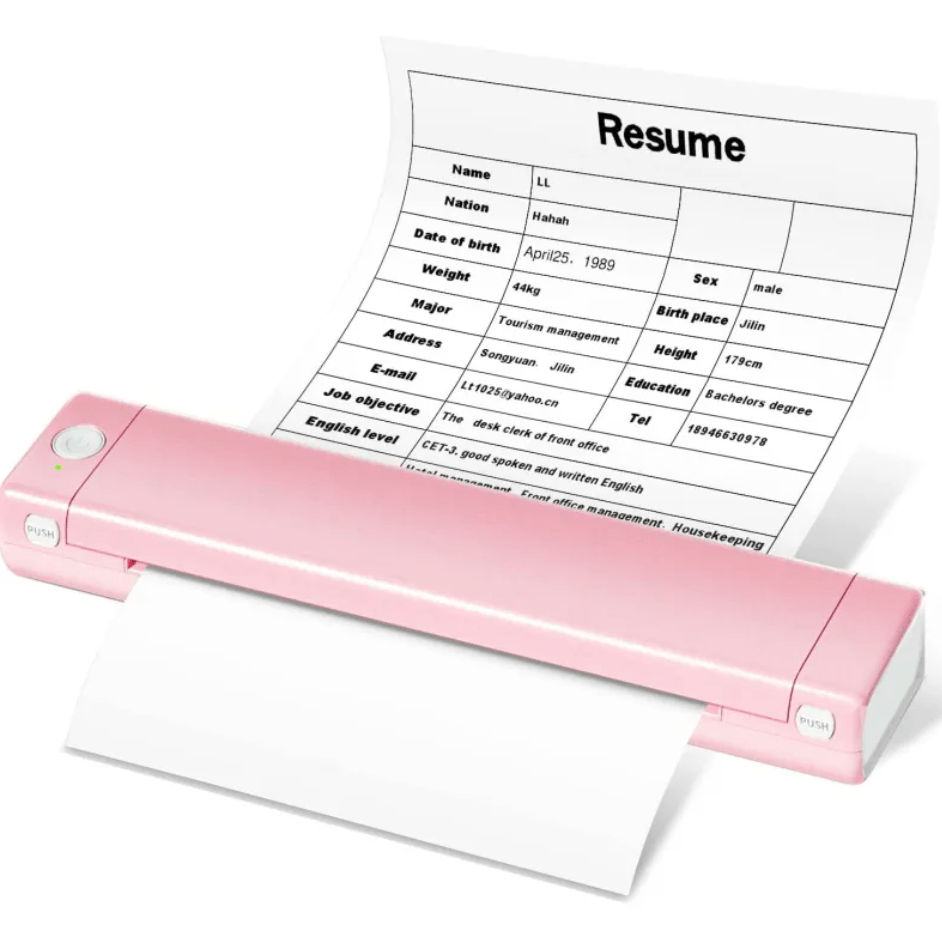 Portable A4 Thermal Printer in pink printing a resume on a white sheet of paper.