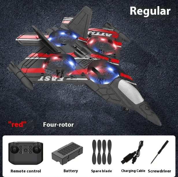 New Remote Control Bubble Plane in red with four rotors, remote control, battery, and accessories.