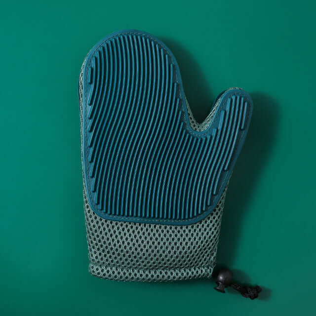 Silicone massage gloves for pet grooming, featuring a textured surface and breathable mesh materials.