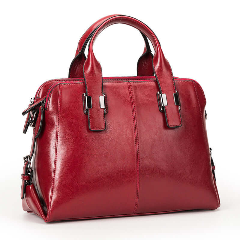 Fashionable Women's Leather Motorcycle Shoulder Bag in red, showcasing luxury and durability with stylish design.