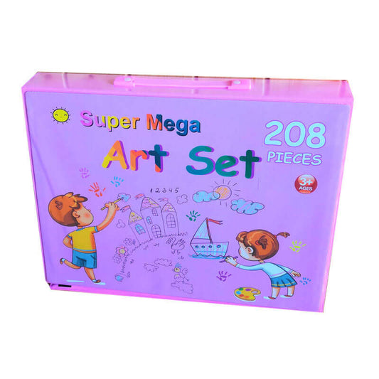 Kids Art Supplies Set - Crayons, Colored Pencils, Markers in a colorful box featuring 208 art pieces for young artists.
