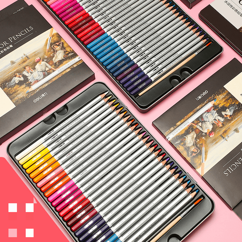 Water-Soluble Colored Pencils for Hand Drawing in a stylish case with vibrant colors showcased.