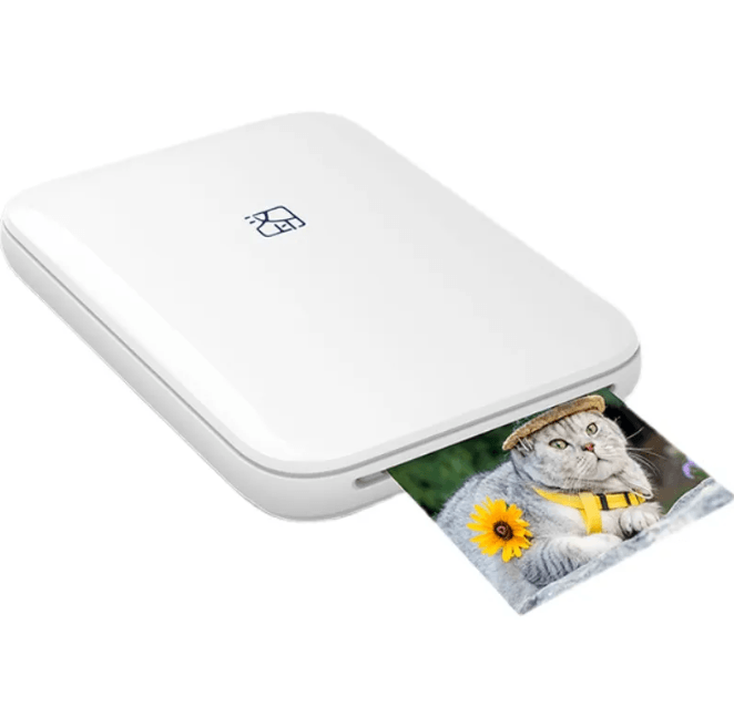 Portable wireless photo printer producing a colorful photo of a cat with a sunflower.