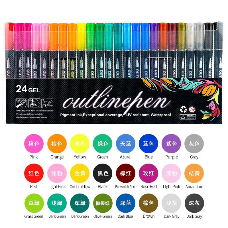 Double Line Outline Pen 24 Color Suit Dream Color Mark Fluorescent Marker collection showing vibrant colors.