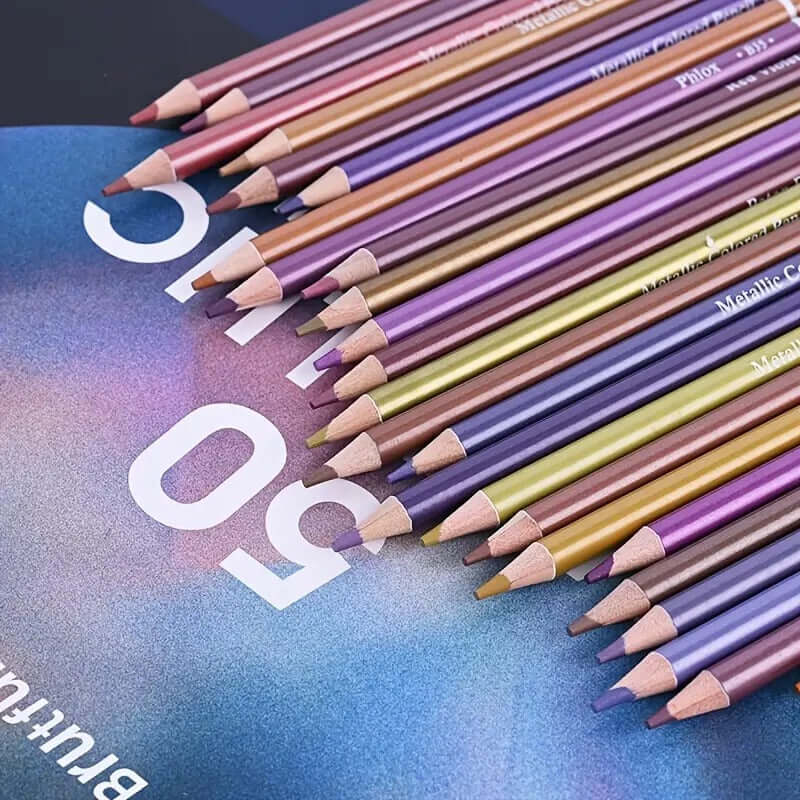 Brutfuner 50-Color Pearlescent Colored Pencils Set arranged on a colorful background, showcasing vibrant metallic shades.