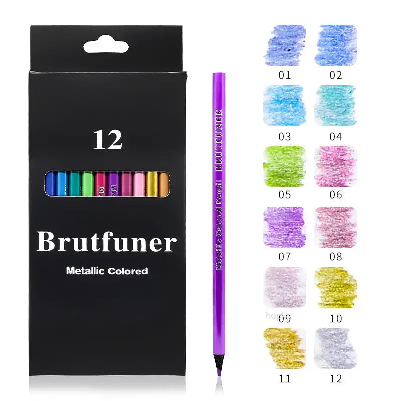 12 Colors Metallic Colored Pencils Art Supplies Set featuring vibrant metallic colored pencils set in durable packaging.