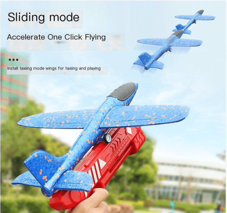 Child holding light-up plane launcher toy for kids, demonstrating sliding mode for one-click flying action.