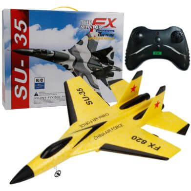 Radio Control Toy Rc Plane Fighter with remote control and box, featuring SU-35 design.