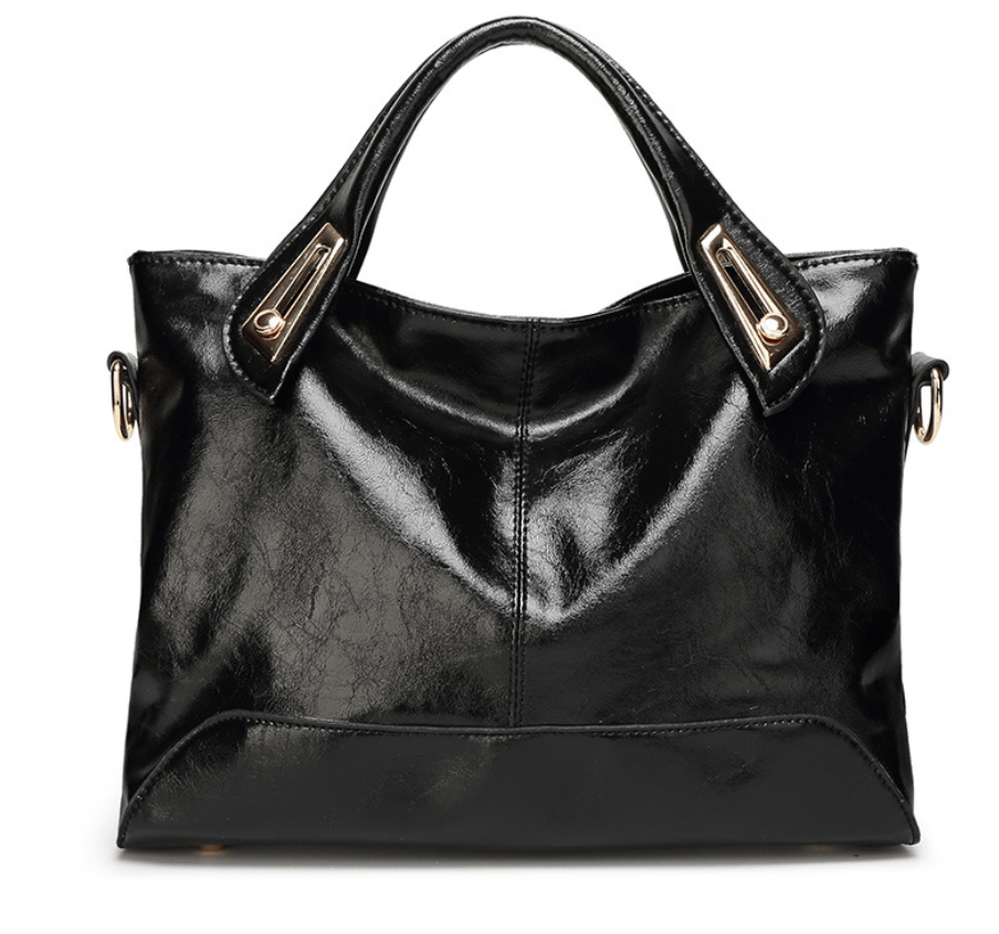 Crossbody Bag, Shoulder Bag, Tote Bag in sleek black leather design with stylish handles and shiny hardware.