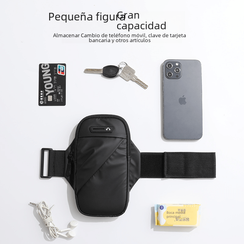 Adjustable waterproof arm bag shown with essentials like phone, keys, credit card, and earphones.