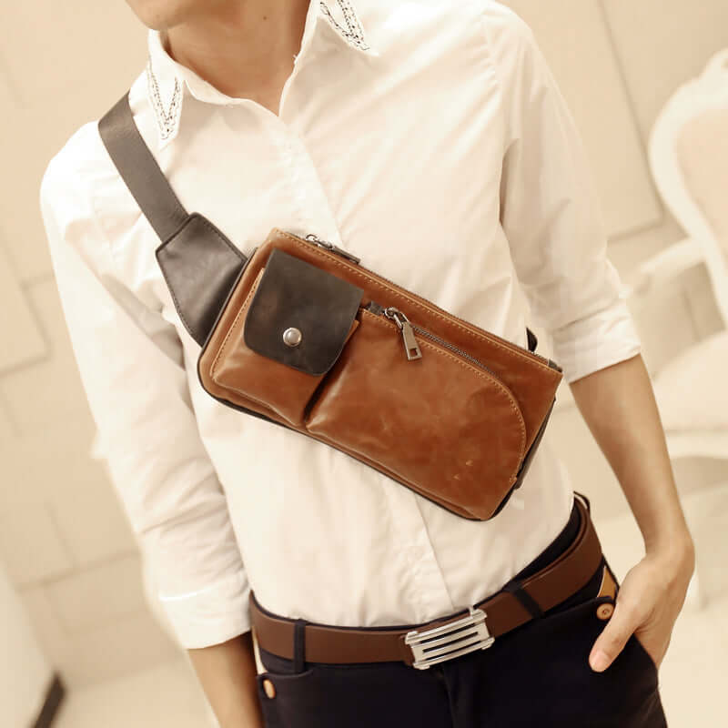Shoulder Bag, Chest Bag, Crossbody Bag worn by a man in a stylish outfit, showcasing its retro design and functionality.