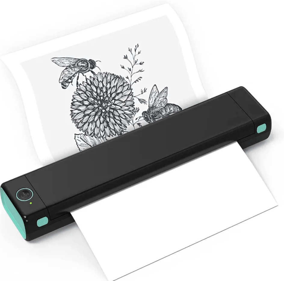 Portable A4 Thermal Printer in action printing a detailed floral and bee design.