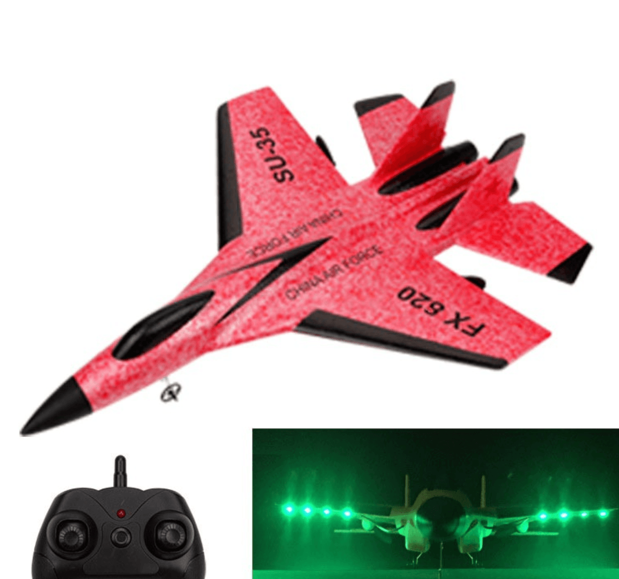 FX820 Electric Remote Control Mini Fighter Plane Model in red with remote control and LED lights.