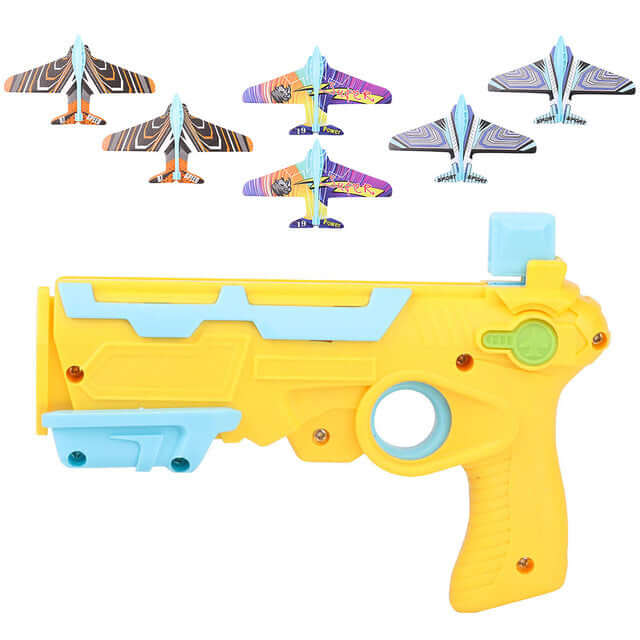 Children's Foam Plane Glider Outdoor Toy Launcher with toy gun and colorful planes.