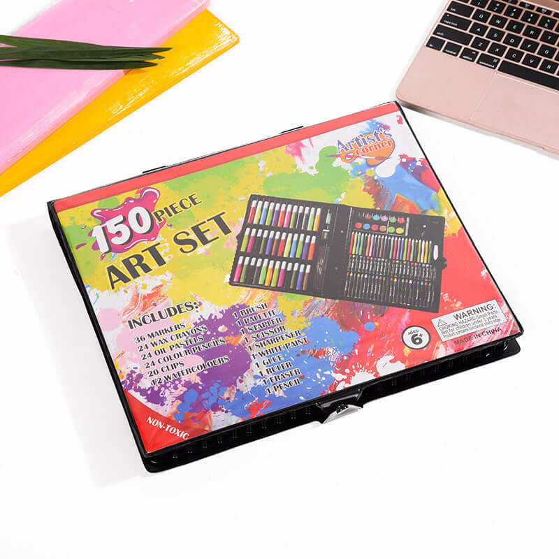Korean watercolor pen set for kids displayed in 150-piece art set packaging with colorful design.