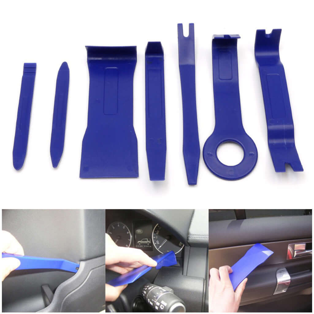 7-Piece Car Audio Repair Tool Set with Pry Tools including various blue pry tools for automotive use.