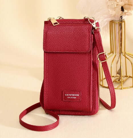Stylish Shoulder Bag, Crossbody Bag, Phone Wallet, Letter Bag in red with secure buckle opening.