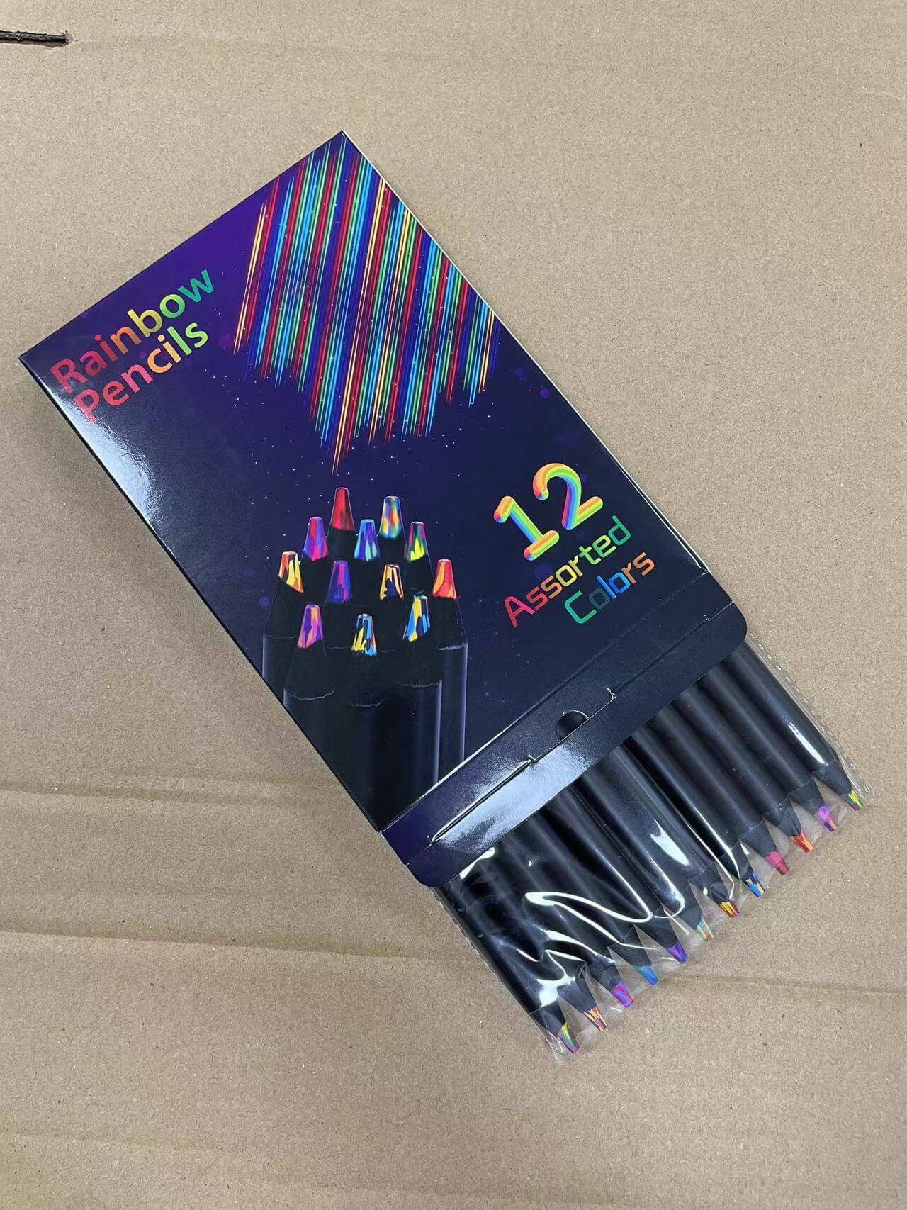 Black Wooden Colored Pencil Set for Drawing - 12 assorted colors in a vibrant packaging.