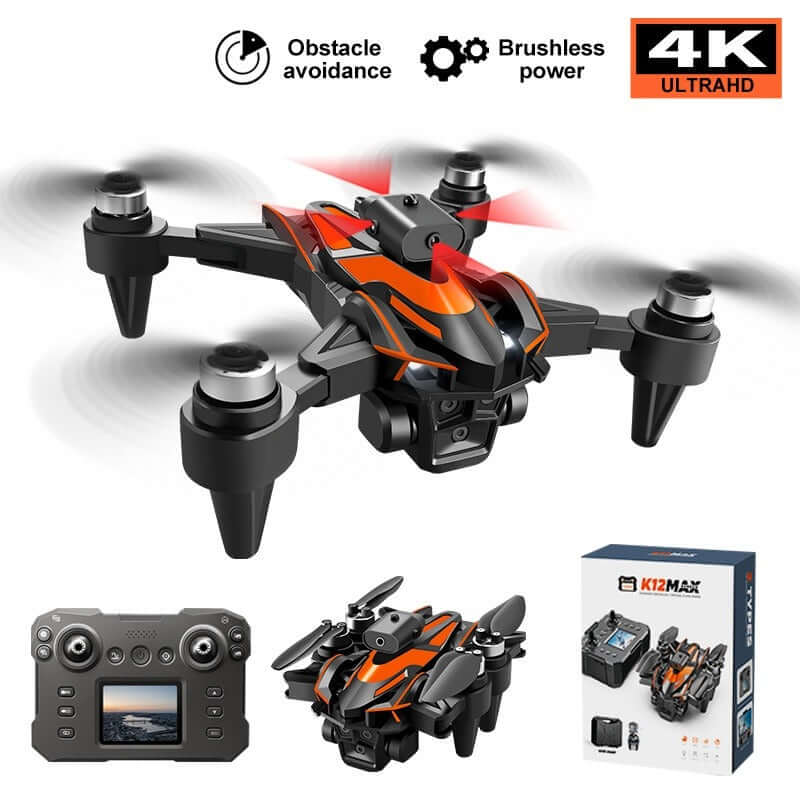 K12MAX Brushless UAV with Screen Remote showcasing obstacle avoidance, 4K UHD capabilities, and a controller.