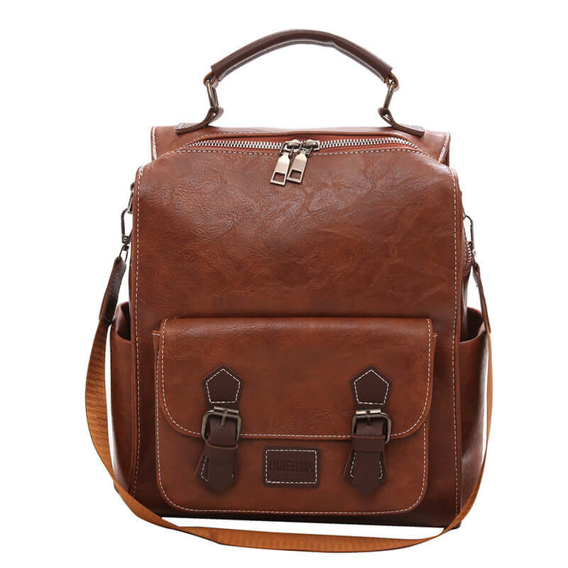 Fashionable Large-Capacity Travel Backpack made of high-quality PU material in brown color.