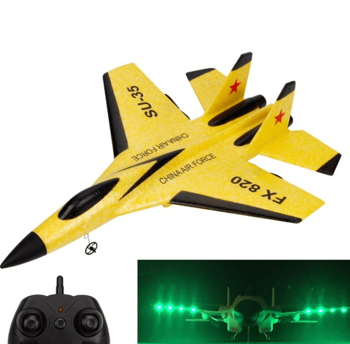 FX820 Electric Remote Control Mini Fighter Plane Model in vibrant yellow with remote control and lights.