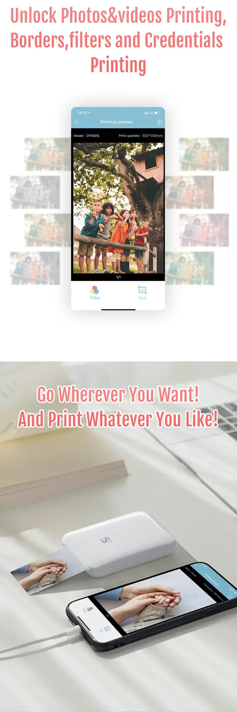 HPRT MT53 HD Wireless Pocket Photo Printer for iOS/Android printing photos and videos with filters and borders.