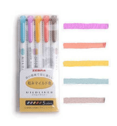Dual-Head Fluorescent Marker Pen Set, Zebra Markers with five softly-colored ink in a transparent case.
